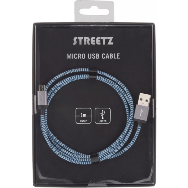 Streetz USB-kabel, Tygklädd, Typ A ha - Typ Micro B, 1m, blå (MICRO-117)