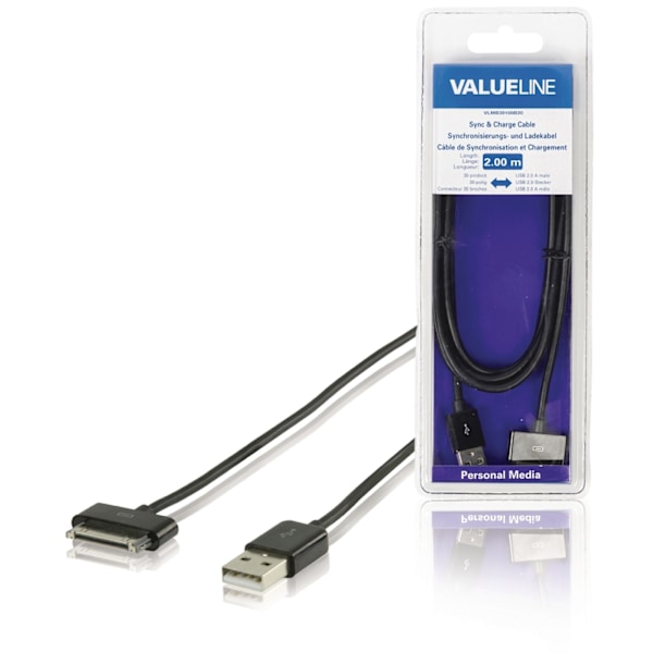 Valueline Synk och Laddningskabel Apple Dock 30-Pin - USB A hane 2.00 m Svart