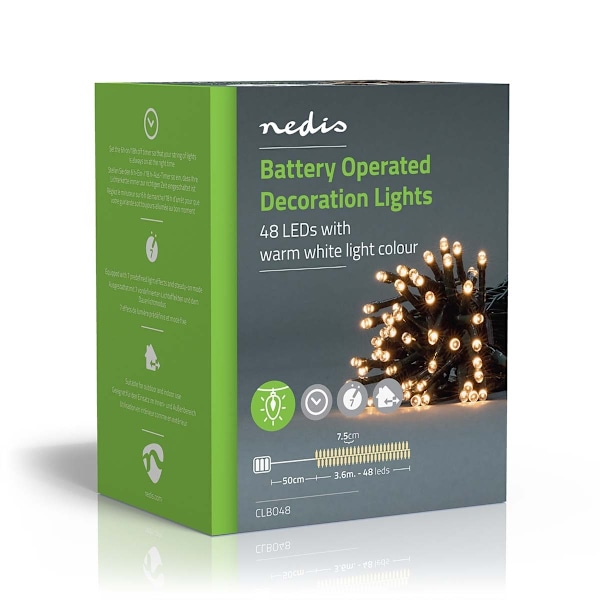 Nedis Julbelysning | Sträng | 48 LED's | Varm Vit | 3.60 m | Ljuseffekter: 7 | Inomhus eller Utomhus | Batteridriven