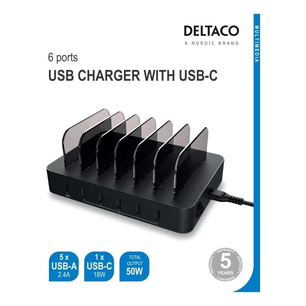 DELTACO USB-ladestation 5x USB-A, 1x USB-C PD, i alt 50 W,