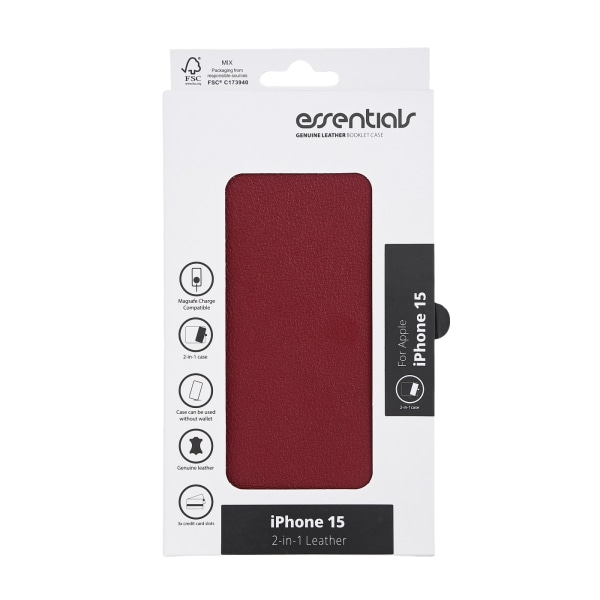 Essentials iPhone 15 læder Mag pung, aftagelig, magnetisk, r Röd
