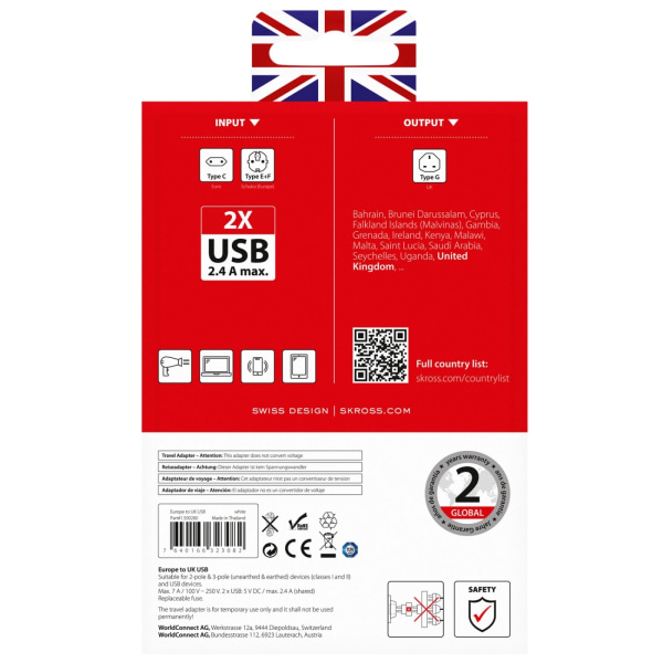 Skross reseadapter för Storbritannien med USB