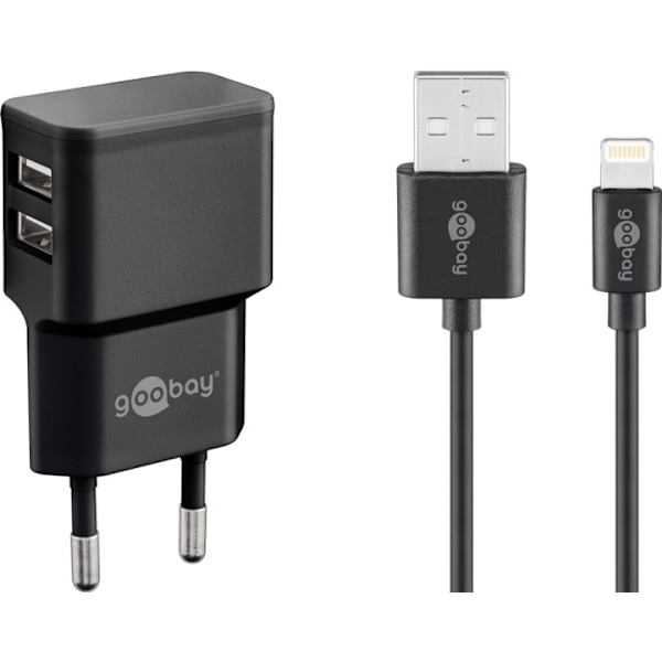 Goobay Apple Lightning Dual laddningssats (12 W) Strömförsörjningsenhet med 2x USB-uttag och Apple Lightning-kabel 1 m (svart)