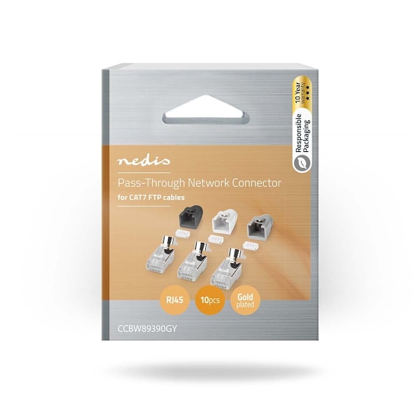 Nedis RJ45-stik | RJ45 Pass Through | Fast/strenget FTP CAT7 | Lige | Guldplateret | 10 stk. | PVC | Grå / Hvid / Sort | Box