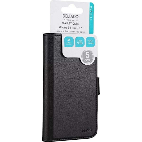 DELTACO iPhone 14 Pro wallet case 2-in-1, magnetic back cover Svart
