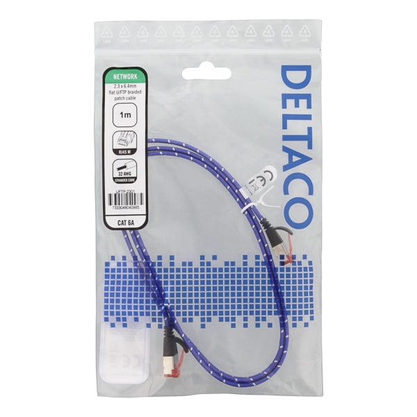DELTACO Tough Flat CAT.6A U/FTP Patch Cable, 28AWG, 1m, blue