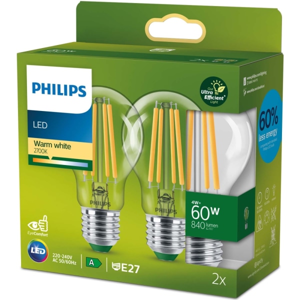 Philips 2-pak LED E27 Normal 4W (60W) Klar 840lm 2700K Energieffektiv