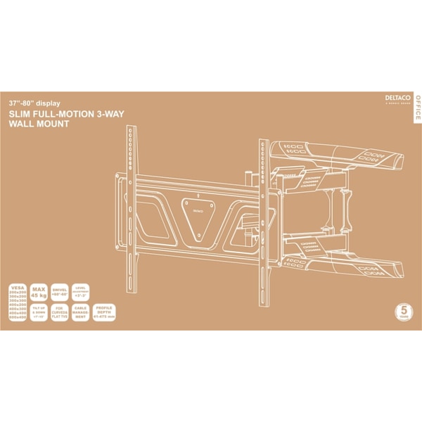 DELTACO OFFICE näytön seinäteline, kompakti, 37"-80", 45kg, 200x200-60