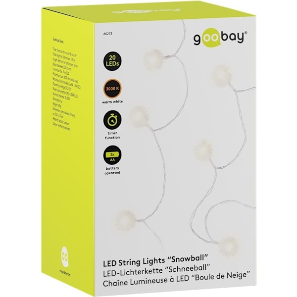 Goobay 20 LED ljusslinga "Snöboll" med timerfunktion, varmvitt (3000 K), batteridrift