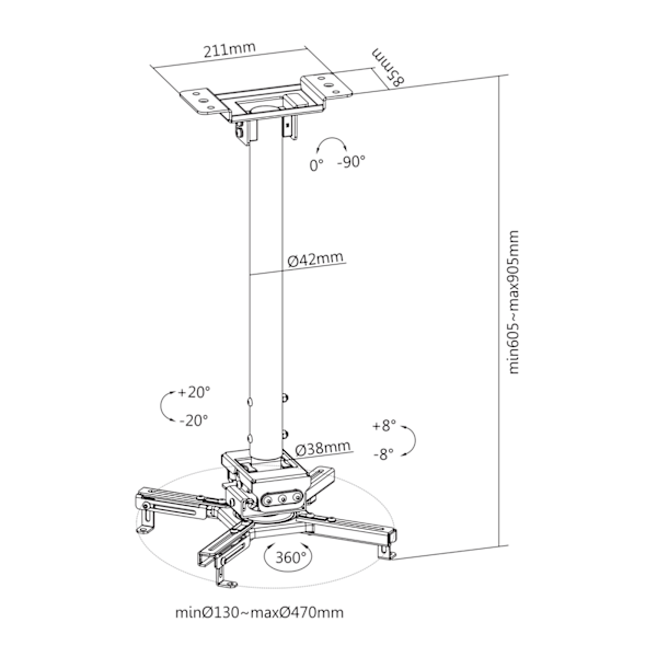 Deltaco Projector mount  flat/inclined ceilings tilt swivel 35kg