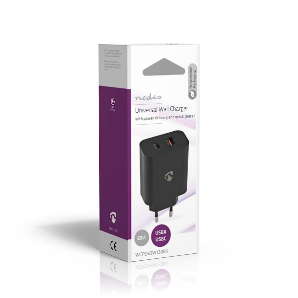 Nedis Väggladdare | 65 W | Snabbladdnings funktion | 2.0 / 2.25 A / 3.25 A A | Antal utgångar: 2 | USB-A / USB-C™ | Automatiskt val av Spänning | Svar