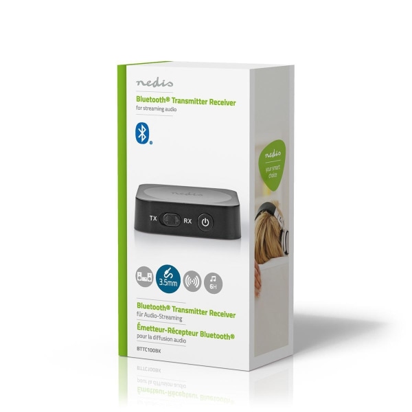 Nedis Bluetooth ® lähetin/vastaanotin | Tuloliitäntä: 1x AUX | Lähtöliitäntä: 1x AUX | SBC | Enintään 1 laite | Suurin akun toistoaika: 6 tuntia | Mus