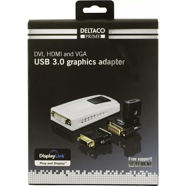 DELTACO PRIME USB 3.0 till DVI/HDMI/VGA-adapter, 2048x1152, vit (USB3-DVI)