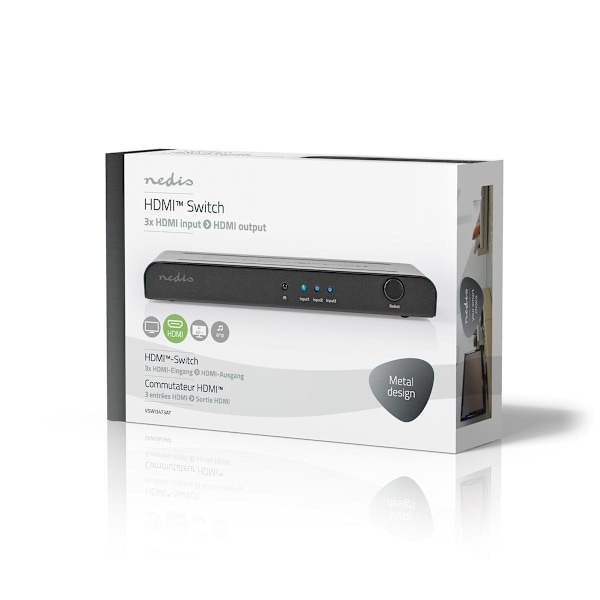 Nedis HDMI ™ switch | 3-Port port(s) | 3x HDMI ™ -indgang | 1x HDMI™ Output | 4K@60Hz | 18 Gbps | Fjernstyret | Metal | Antracit