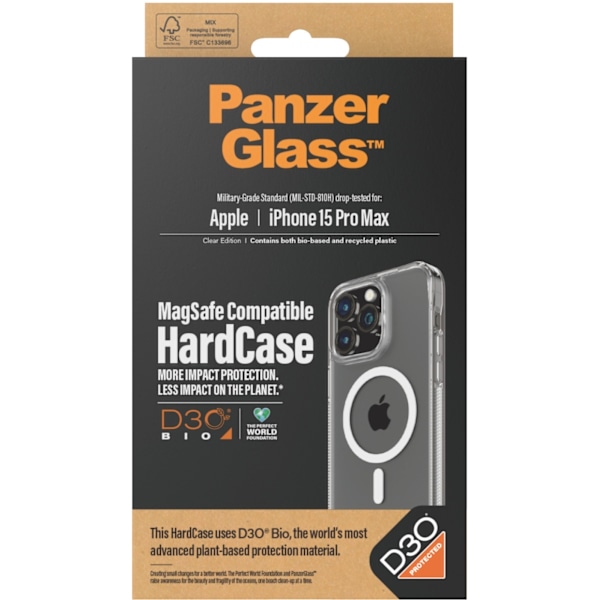 PanzerGlass HardCase med D3O -skyddsfodral, MagSafe-kompatibelt, iPhone 15 Pro Max. Transparent