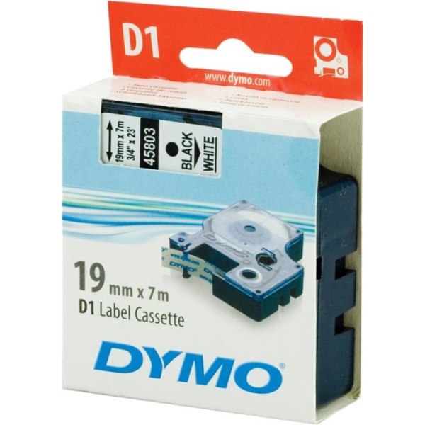 DYMO D1, markeringstape, 19 mm, sort tekst på hvid tape, 7 m