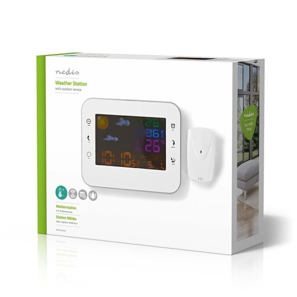 Nedis Väderstation | Inomhus & utomhus | Inklusive trådlös vädersensor | Väderprognos | Tidsdisplay | Färg LCD Display | Alarmklockfunktion