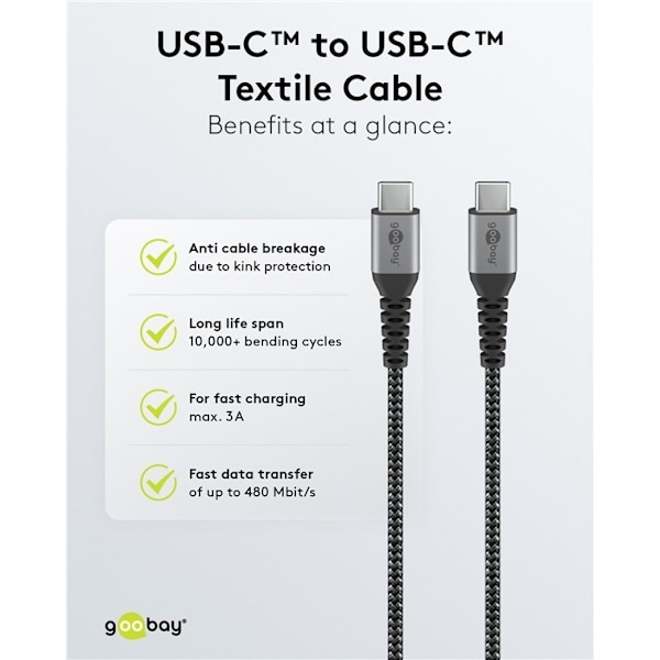 Goobay USB-C™-till-USB-C™-textilkabel med metallkontakter 1 m elegant och extra robust anslutningskabel för enheter med USB-C™-port