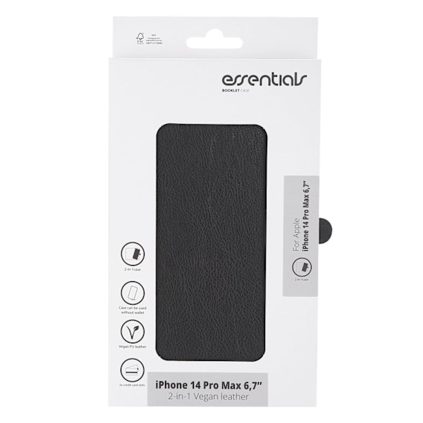 Essentials iPhone 14 Pro Max PU wall,detach,3 card,Black Svart