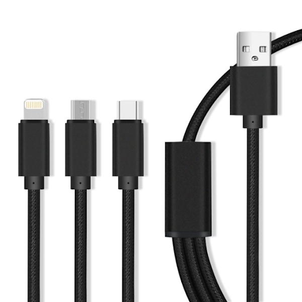 3-i-1 USB-kabel til hurtig opladning - microUSB/USB-C/Lightning (2.1A), Svart