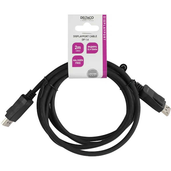 Deltaco DisplayPort-kabel, 1m, 8K, DP 1.4, DSC 1.2, LSZH svart
