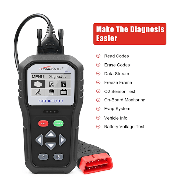 Konnwei KW818 OBD2 Felkodsläsare för alla bilar, 12V