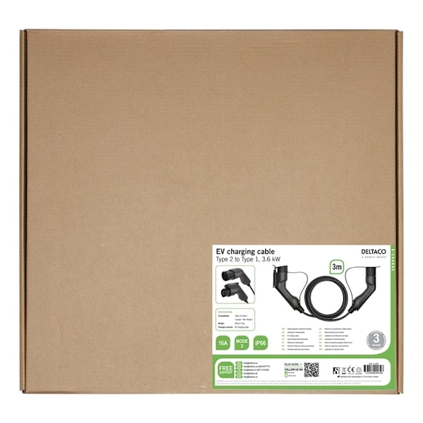 DELTACO e-Charge, cable type 2 - type 1, 1 phase, 16A, 3M