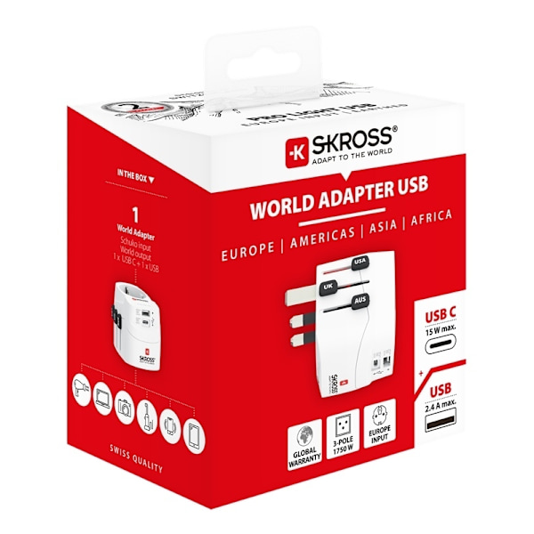 SKROSS PRO Light USB (AC), 3-pole travel adapter, 1x USB-A, 1x USB-C