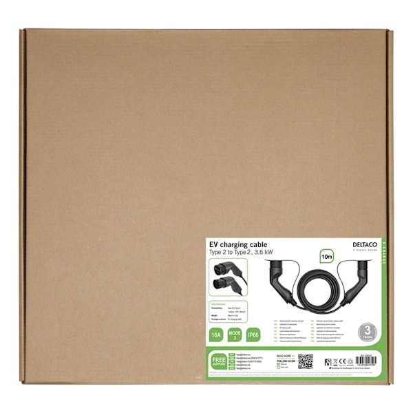 DELTACO e-Charge, kaapeli Type 2 - Type 2, 1-vaihe, 16A, 10m, musta