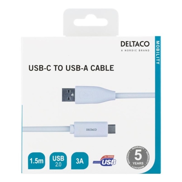 DELTACO USB-C till USB-A kabel, 1,5m, 3A, USB 2.0, vit