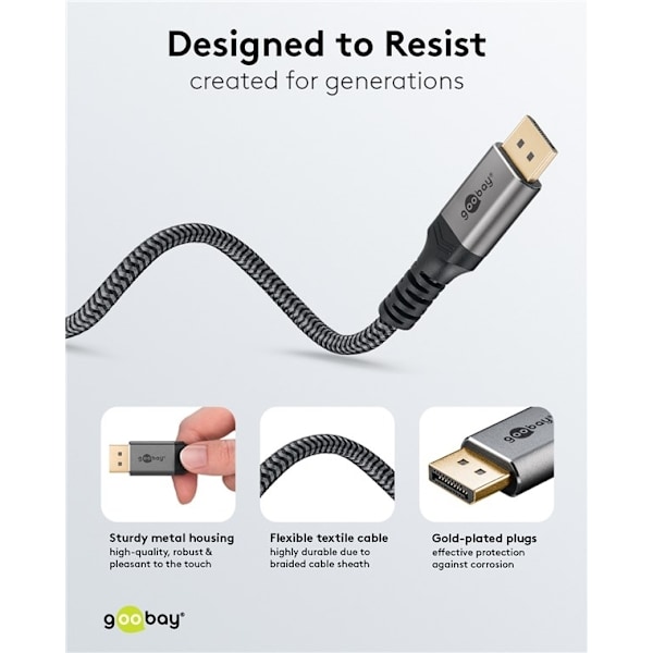 Goobay DisplayPort-kabel, DP 1.4, 3 m, Sharkskin Grey Displayport™ plugg > Displayport™ plugg