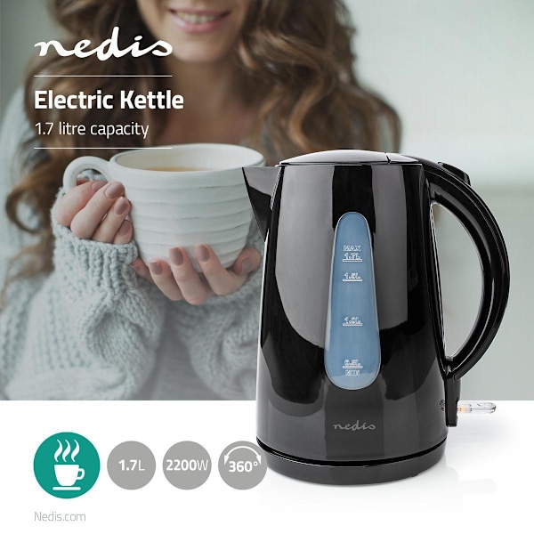 Nedis Vatten kokare | 1.7 l | Plast | Svart | Roterbar 360 grader | Dolt värmeelement | Strix® kontroll | Koka-tort funktion