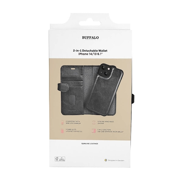Buffalo 2in1 Leather 3 card MagSeries iPhone 13/14/15 Black Svart