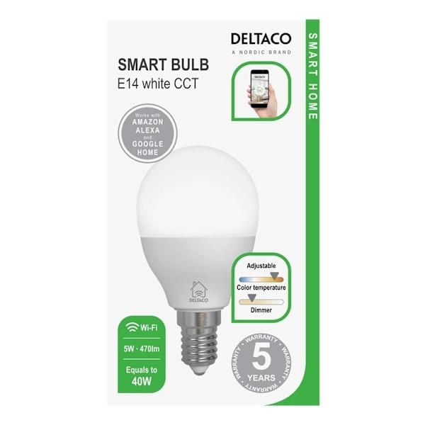 DELTACO SMART HOME LED-älylamppu, E14, 2,4GHz, 5W, 470lm, valkoinen