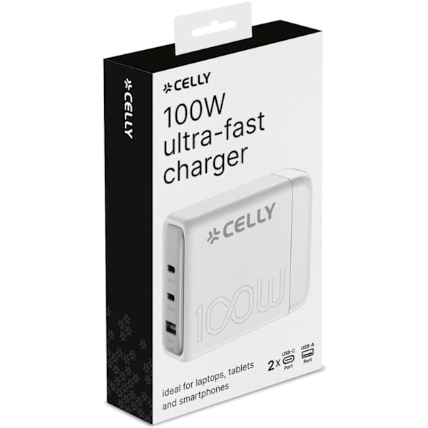 Celly Power Station 1 x USB-A + 2 x USB-C PD 100W GaN Vit