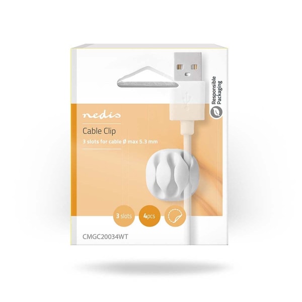 Nedis Kabel Management | Kabelklips | Klik og Go | 4 stk. | Antal slots: 3 Pladser | Maksimal tykkelse på kabel: 5.3 mm | TPE | Hvid