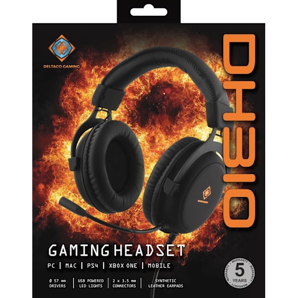 DELTACO GAMING Stereoheadset för gaming, 57mm element, LED-belysning, svart