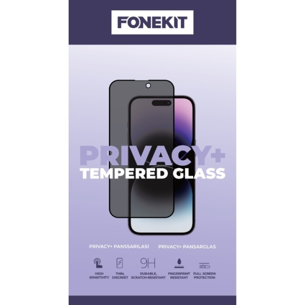 FoneKit Privacy+ heltäckande härdat glas, iPhone 15 Svart