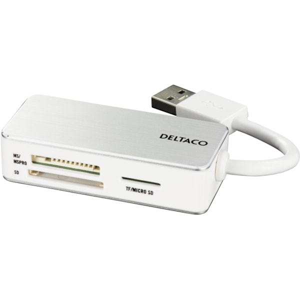 DELTACO USB 3.0 -muistikortinlukija, 3 korttipaikkaa, valkoinen/hopea