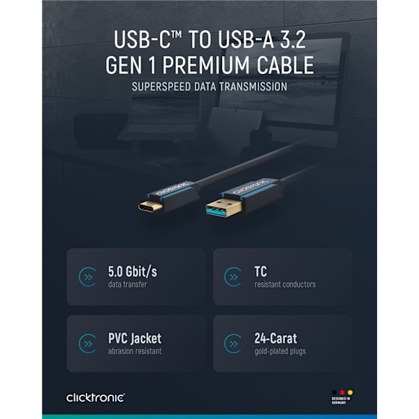 ClickTronic Adapterkabel från USB-C™ till USB-A 3.2 Gen 1 Premiumkabel | USB-C™-kontakt  USB-A 3.0-kontakt | 0,5 m | 5 Gbit/s