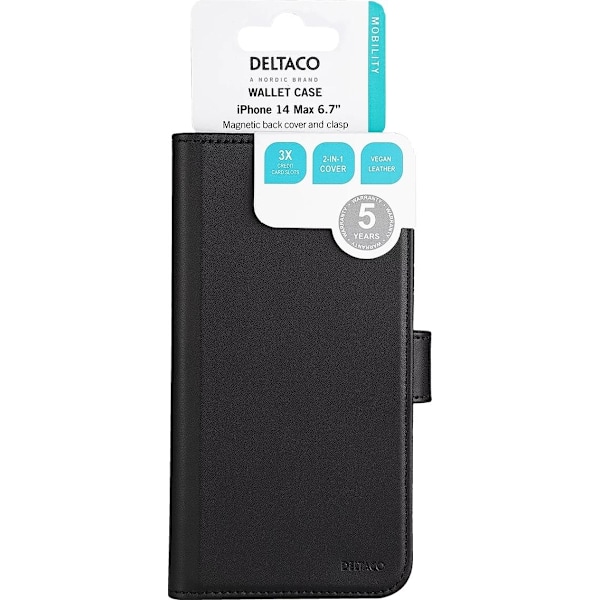DELTACO iPhone 14 Pro Max wallet case 2-in-1, magnetic back cover Svart
