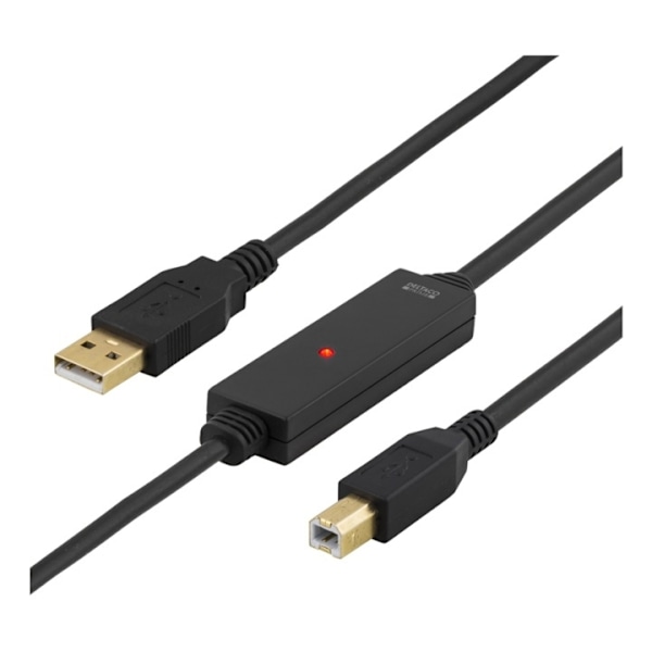 DELTACO PRIME USB 2.0 kabel Type A han - Type B han, aktiv, 10m, sort