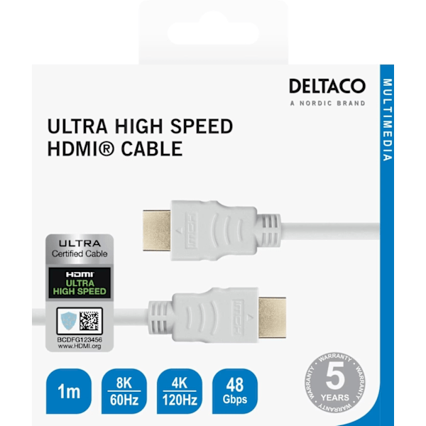 DELTACO ultranopea HDMI-kaapeli, 48Gbps, 1m, valkoinen