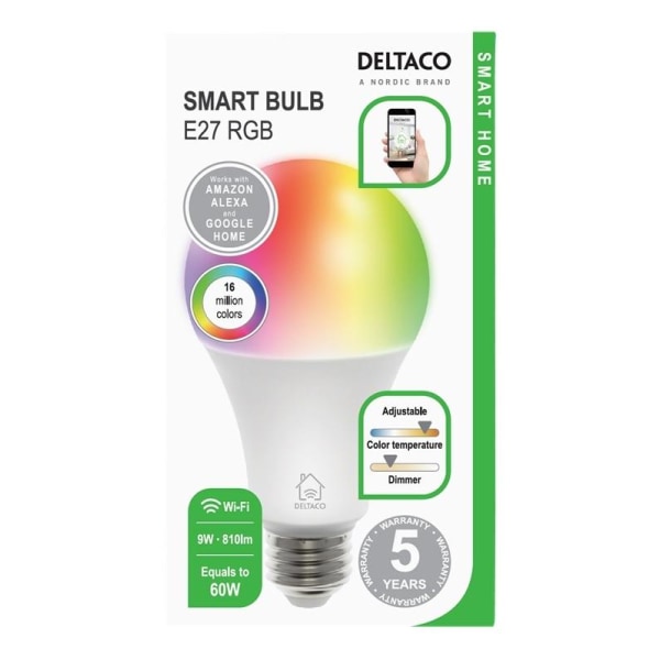 DELTACO SMART HOME RGB LED-lampa, E27, WiFI, 9W, 16milj färger,