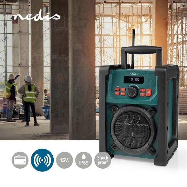 Nedis DAB+ Radio | Radio på Byggepladsen | DAB+ / FM | 2.2 " | Sort hvid skærm | Batteri / Strømforsyning | Digital | 15 W | Bluetooth® | Vækkeur | Sl