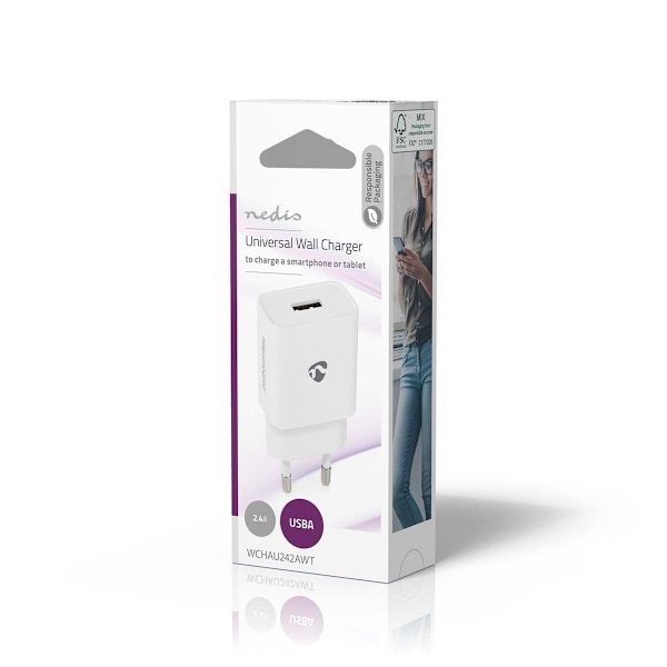 Nedis Väggladdare | 12 W | Snabbladdnings funktion | 1x 2.4 A A | Antal utgångar: 1 | USB-A | Utan kabel | Single Voltage Output | Vit