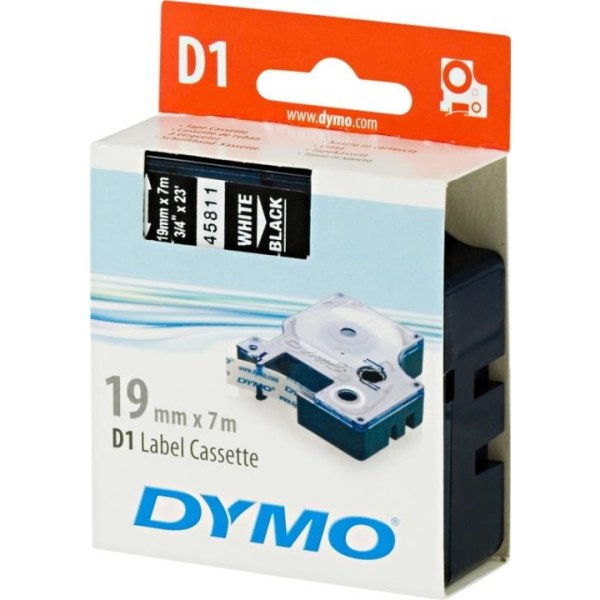 DYMO D1 merkkausteippi standardi 19mm, valk/musta teksti, 7m (45