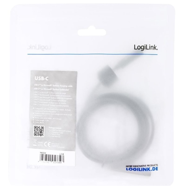 LogiLink USB-C USB 3.2 Gen 1 Laddkabel Microsoft Surface 60W 1,8