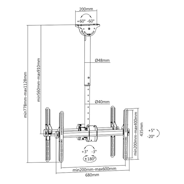 DELTACO Office Telescopic Double TV Ceiling, 560mm-910mm,45kg,37"-70