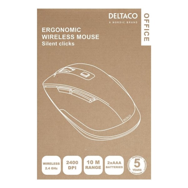 DELTACO Office Trådløs ergonomisk mus, lydløse klik, 2400 DPI